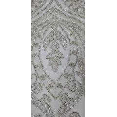 Tule Bordado Premium com Pedrarias Champanhe Arabescos HT2027