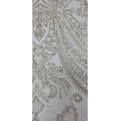 Tule Bordado Premium com Pedrarias Champanhe Arabescos HT2027