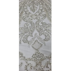 Tule Bordado Premium com Pedrarias Champanhe Arabescos HT2027 Tule Bordado Premium com Pedrarias Champanhe Arabescos HT2027
