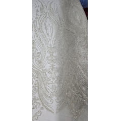 Tule Bordado Premium com Pedrarias Champanhe Arabescos HT2027