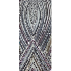 Tule Bordado Premium com Pedrarias Cinza Multicolor  HS70560