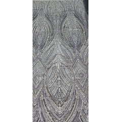 Tule Bordado Premium com Pedrarias Cinza Multicolor  HS70560