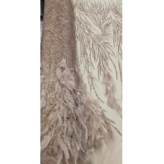 Tule Bordado Premium Com Pedrarias e Plumas Nude