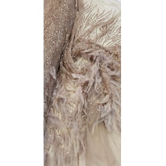 Tule Bordado Premium Com Pedrarias e Plumas Nude