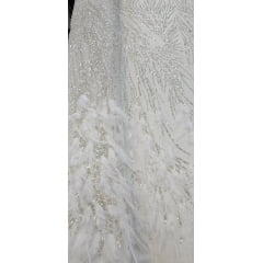 Tule Bordado Premium Com Pedrarias e Plumas Off White