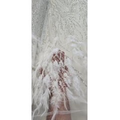 Tule Bordado Premium Com Pedrarias e Plumas Off White