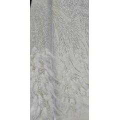 Tule Bordado Premium Com Pedrarias e Plumas Off White