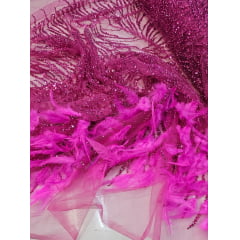 Tule Bordado Premium Com Pedrarias e Plumas Pink