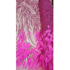 Tule Bordado Premium Com Pedrarias e Plumas Pink