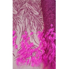 Tule Bordado Premium Com Pedrarias e Plumas Pink