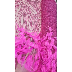 Tule Bordado Premium Com Pedrarias e Plumas Pink