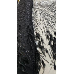 Tule Bordado Premium Com Pedrarias e Plumas Preto