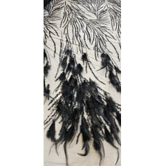 Tule Bordado Premium Com Pedrarias e Plumas Preto