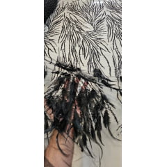 Tule Bordado Premium Com Pedrarias e Plumas Preto