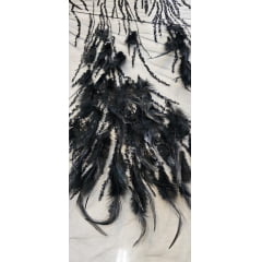Tule Bordado Premium Com Pedrarias e Plumas Preto