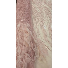 Tule Bordado Premium Com Pedrarias e Plumas Rosê