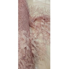 Tule Bordado Premium Com Pedrarias e Plumas Rosê