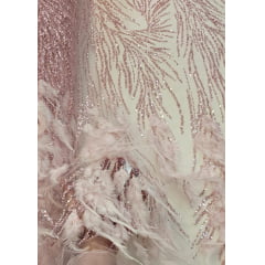 Tule Bordado Premium Com Pedrarias e Plumas Rosê