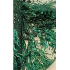 Tule Bordado Premium Com Pedrarias e Plumas Verde Floresta