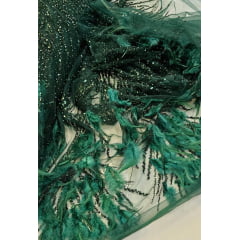 Tule Bordado Premium Com Pedrarias e Plumas Verde Floresta