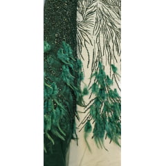 Tule Bordado Premium Com Pedrarias e Plumas Verde Floresta