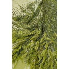 Tule Bordado Premium Com Pedrarias e Plumas Verde Oliva