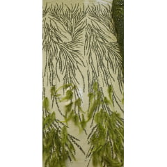 Tule Bordado Premium Com Pedrarias e Plumas Verde Oliva