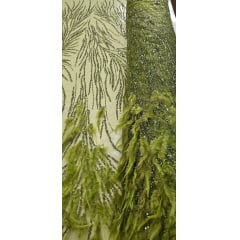 Tule Bordado Premium Com Pedrarias e Plumas Verde Oliva