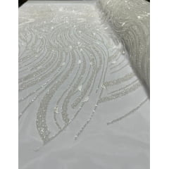 Tule Bordado Premium com Pedrarias Off White HS1869