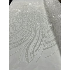 Tule Bordado Premium com Pedrarias Off White HS1869