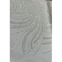 Tule Bordado Premium com Pedrarias Off White HS1869