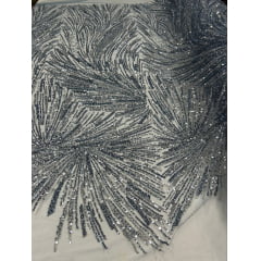 Tule Bordado Premium Com Pedrarias Prata com Serenity HT97428  