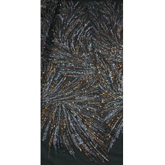 Tule Bordado Premium Com Pedrarias Preto Com Bronze  HT97428 