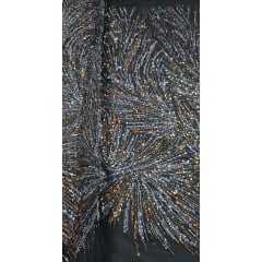 Tule Bordado Premium Com Pedrarias Preto Com Bronze  HT97428 
