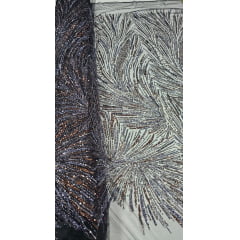 Tule Bordado Premium Com Pedrarias Preto Com Bronze  HT97428 