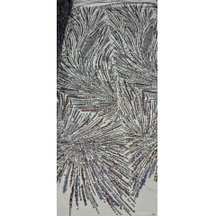 Tule Bordado Premium Com Pedrarias Preto Com Bronze  HT97428 