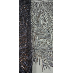 Tule Bordado Premium Com Pedrarias Preto Com Bronze  HT97428 