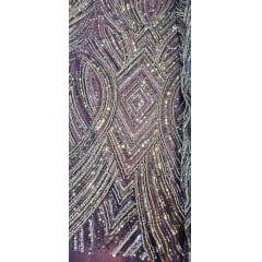 Tule Bordado Premium com Pedrarias Roxo Multicolor  HS70560 
