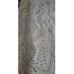 Tule Bordado Premium com Pedrarias Salmão com Verde Menta FS24F