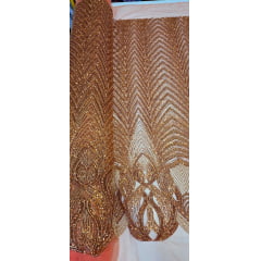 Tule Bordado Premium com Pedrarias Terracota  HS2995 