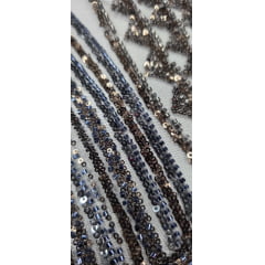 Tule Bordado Premium com Pedrarias Tons de Cinza HS4300