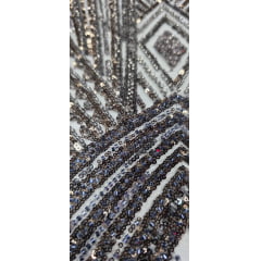 Tule Bordado Premium com Pedrarias Tons de Cinza HS4300