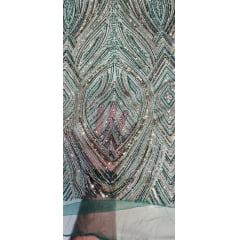 Tule Bordado Premium com Pedrarias Verde com Rosê Gold  HS70560 