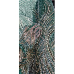 Tule Bordado Premium com Pedrarias Verde com Rosê Gold  HS70560 