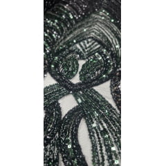 Tule Bordado Premium com Pedrarias Verde Floresta com Preto HS2995