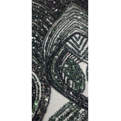 Tule Bordado Premium com Pedrarias Verde Floresta com Preto HS2995