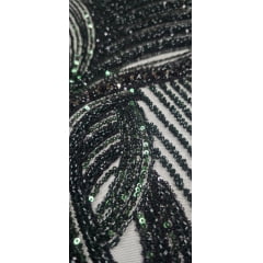 Tule Bordado Premium com Pedrarias Verde Floresta com Preto HS2995