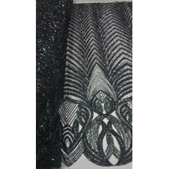 Tule Bordado Premium com Pedrarias Verde Floresta com Preto HS2995
