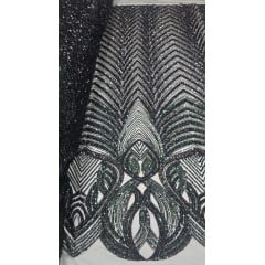 Tule Bordado Premium com Pedrarias Verde Floresta com Preto HS2995