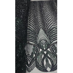 Tule Bordado Premium com Pedrarias Verde Floresta com Preto HS2995